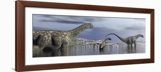 Argentinosaurus Dinosaur Family Walking in the Water-null-Framed Art Print