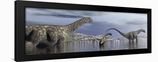 Argentinosaurus Dinosaur Family Walking in the Water-null-Framed Art Print