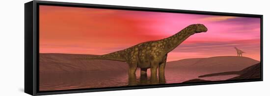 Argentinosaurus Dinosaurs Amongst a Colorful Red Sunset-null-Framed Stretched Canvas