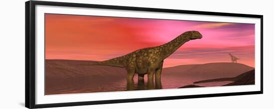 Argentinosaurus Dinosaurs Amongst a Colorful Red Sunset-null-Framed Premium Giclee Print