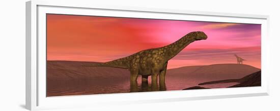 Argentinosaurus Dinosaurs Amongst a Colorful Red Sunset-null-Framed Premium Giclee Print