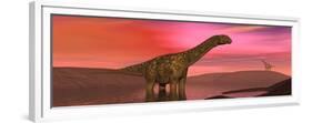 Argentinosaurus Dinosaurs Amongst a Colorful Red Sunset-null-Framed Premium Giclee Print