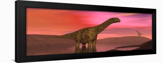 Argentinosaurus Dinosaurs Amongst a Colorful Red Sunset-null-Framed Art Print
