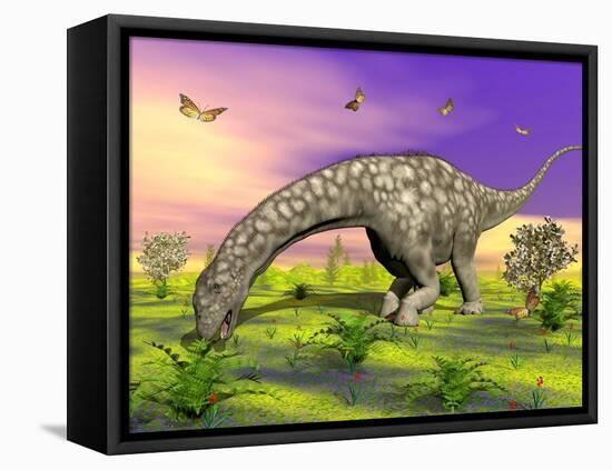 Argentinosaurus Eating Plants While Surrounded by Butterflies and Flowers-null-Framed Stretched Canvas