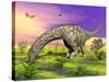 Argentinosaurus Eating Plants While Surrounded by Butterflies and Flowers-null-Stretched Canvas