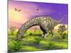 Argentinosaurus Eating Plants While Surrounded by Butterflies and Flowers-null-Mounted Art Print