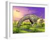 Argentinosaurus Eating Plants While Surrounded by Butterflies and Flowers-null-Framed Art Print