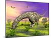 Argentinosaurus Eating Plants While Surrounded by Butterflies and Flowers-null-Mounted Art Print