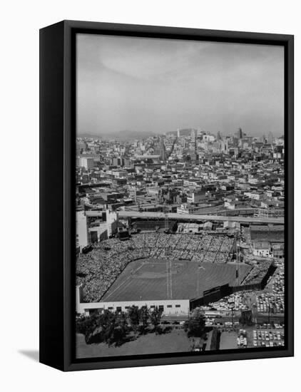 Ariels of Seals Stadium During Opeaning Day, Giants Vs. Dodgers-Nat Farbman-Framed Stretched Canvas