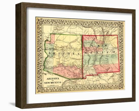 Arizona and New Mexico - Panoramic Map and New Mexico-Lantern Press-Framed Art Print