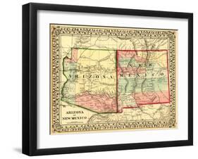 Arizona and New Mexico - Panoramic Map and New Mexico-Lantern Press-Framed Art Print