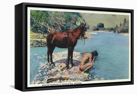 Arizona - Apache Man Drinking at Navajo Rio-Lantern Press-Framed Stretched Canvas