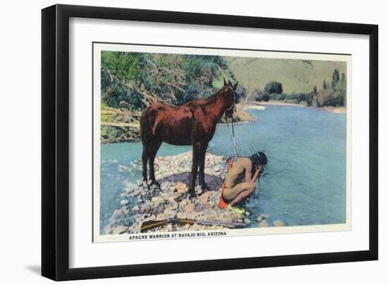 Arizona - Apache Man Drinking at Navajo Rio-Lantern Press-Framed Art Print