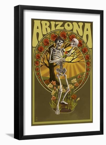 Arizona - Day of the Dead - Skeleton Holding Sugar Skull-Lantern Press-Framed Art Print