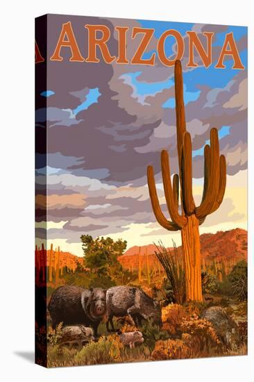 Arizona - Javelina and Cactus-Lantern Press-Stretched Canvas