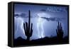 Arizona - Lightning Storm and Cactus-Lantern Press-Framed Stretched Canvas