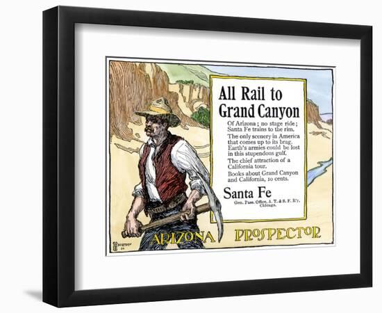 Arizona Prospector and the Grand Canyon Featured in a Santa Fe Railroad Ad, c.1900-null-Framed Giclee Print