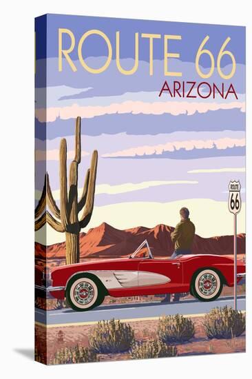 Arizona - Route 66 - Corvette with Red Rocks-Lantern Press-Stretched Canvas