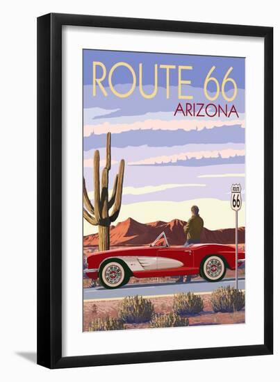 Arizona - Route 66 - Corvette with Red Rocks-Lantern Press-Framed Art Print