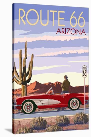 Arizona - Route 66 - Corvette with Red Rocks-Lantern Press-Stretched Canvas