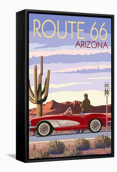 Arizona - Route 66 - Corvette with Red Rocks-Lantern Press-Framed Stretched Canvas