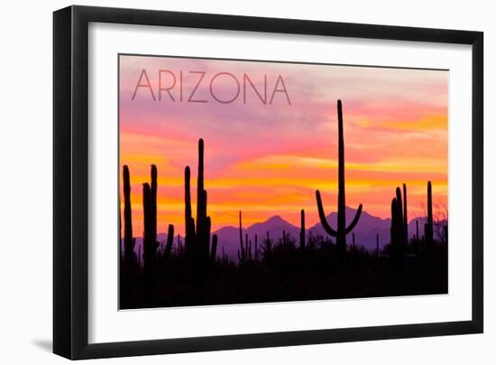 Arizona - Sunset and Cactus-Lantern Press-Framed Art Print