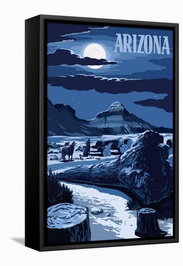 Arizona - Wolves and Full Moon at Night-Lantern Press-Framed Stretched Canvas