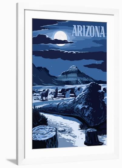 Arizona - Wolves and Full Moon at Night-Lantern Press-Framed Art Print