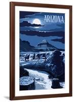 Arizona - Wolves and Full Moon at Night-Lantern Press-Framed Art Print