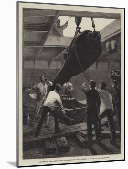 Armament of HMS Northampton in Chatham Dockyard, Lowering an 18-Ton Gun into the Battery-William Heysham Overend-Mounted Giclee Print