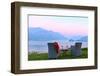 Armchairs and red wine with views of Lake Como at sunset, Lombardy, Italian Lakes, Italy-Simon Montgomery-Framed Photographic Print