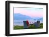 Armchairs and red wine with views of Lake Como at sunset, Lombardy, Italian Lakes, Italy-Simon Montgomery-Framed Photographic Print