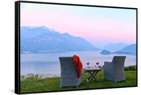 Armchairs and red wine with views of Lake Como at sunset, Lombardy, Italian Lakes, Italy-Simon Montgomery-Framed Stretched Canvas