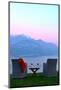 Armchairs and red wine with views of Lake Como at sunset, Lombardy, Italian Lakes, Italy-Simon Montgomery-Mounted Photographic Print