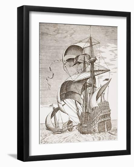 Armed Three-Master on the Open Sea Accompanied by a Galley from 'The Sailing Vessels'-Pieter Bruegel the Elder-Framed Giclee Print