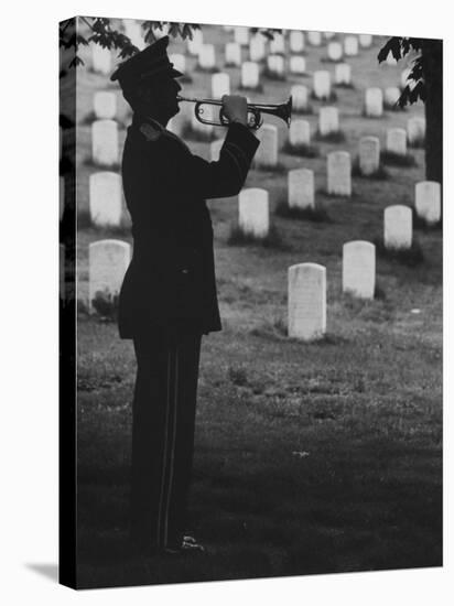 Army Bugler at Arlington Cemetery, During Ceremonies-George Silk-Stretched Canvas