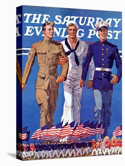 "Army, Navy and Marines," Saturday Evening Post Cover, November 13, 1937-John E. Sheridan-Stretched Canvas