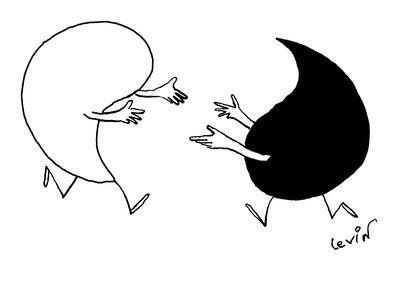 Yin and Yang symbols run toward each other with arms extended. - New Yorker Cartoon
