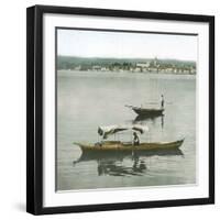 Arona (Italy), Panorama Taken from the Port of Angera's Port, Boats on the Lago Maggiore-Leon, Levy et Fils-Framed Premium Photographic Print