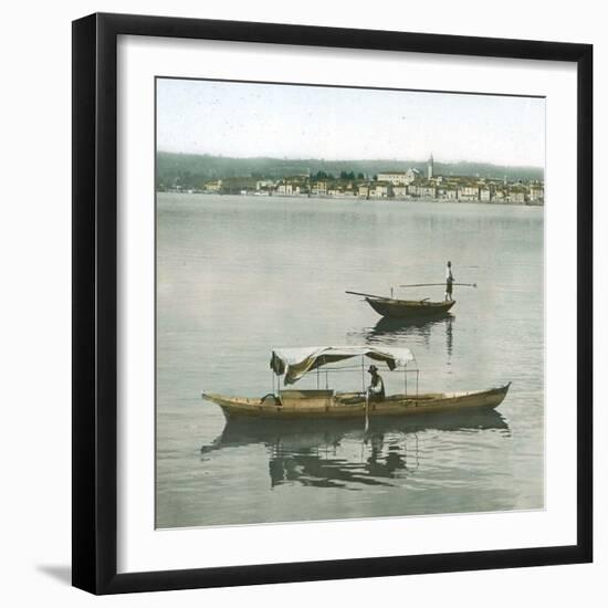 Arona (Italy), Panorama Taken from the Port of Angera's Port, Boats on the Lago Maggiore-Leon, Levy et Fils-Framed Photographic Print