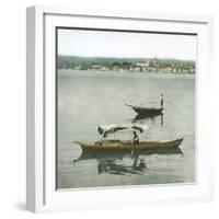 Arona (Italy), Panorama Taken from the Port of Angera's Port, Boats on the Lago Maggiore-Leon, Levy et Fils-Framed Photographic Print