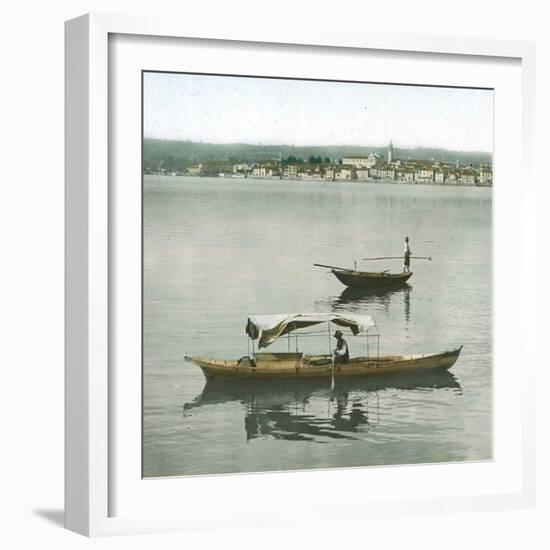 Arona (Italy), Panorama Taken from the Port of Angera's Port, Boats on the Lago Maggiore-Leon, Levy et Fils-Framed Photographic Print