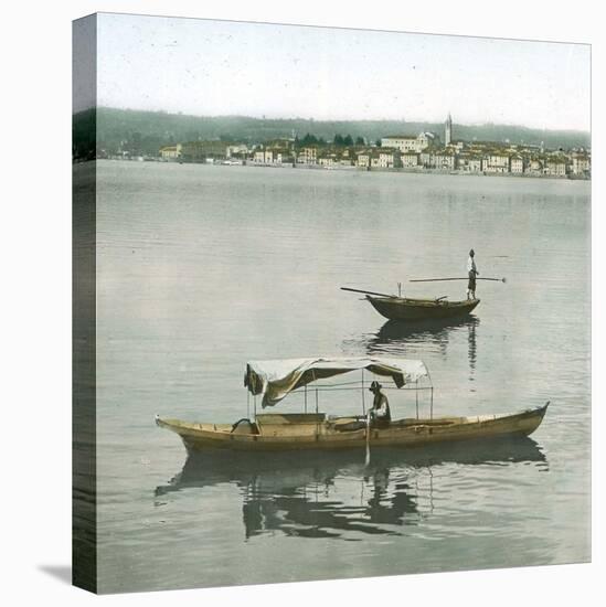 Arona (Italy), Panorama Taken from the Port of Angera's Port, Boats on the Lago Maggiore-Leon, Levy et Fils-Stretched Canvas