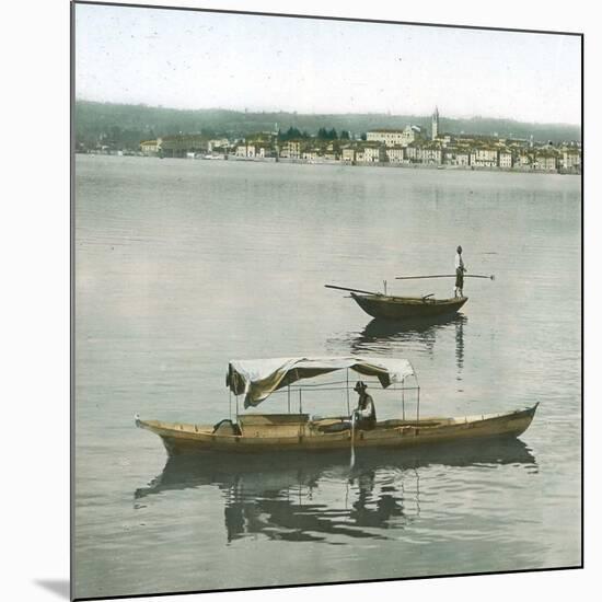 Arona (Italy), Panorama Taken from the Port of Angera's Port, Boats on the Lago Maggiore-Leon, Levy et Fils-Mounted Photographic Print