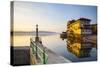 Arona's Picturesque Lake-Front Illuminated at Sunrise, Arona, Lake Maggiore, Piedmont, Italy-Doug Pearson-Stretched Canvas
