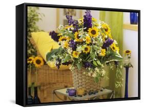 Arrangement of Delphiniums, Sunflowers and Coreopsis-Friedrich Strauss-Framed Stretched Canvas