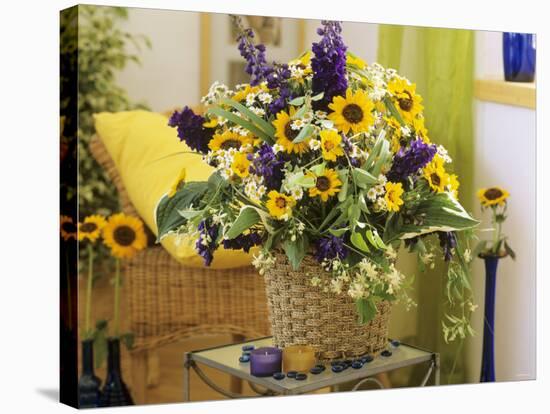Arrangement of Delphiniums, Sunflowers and Coreopsis-Friedrich Strauss-Stretched Canvas
