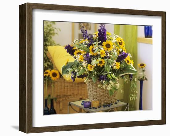 Arrangement of Delphiniums, Sunflowers and Coreopsis-Friedrich Strauss-Framed Photographic Print