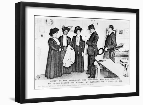 Arrest of Mrs Pankhurst, Pankhurst and Mrs Drummond. Mr.Jarvis Reading the Warrant at Clements Inn-null-Framed Giclee Print