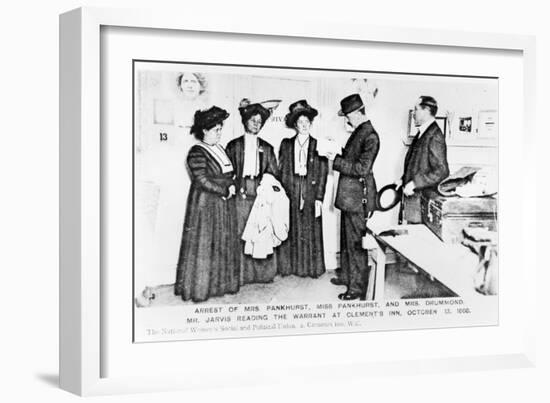 Arrest of Mrs Pankhurst, Pankhurst and Mrs Drummond. Mr.Jarvis Reading the Warrant at Clements Inn-null-Framed Giclee Print